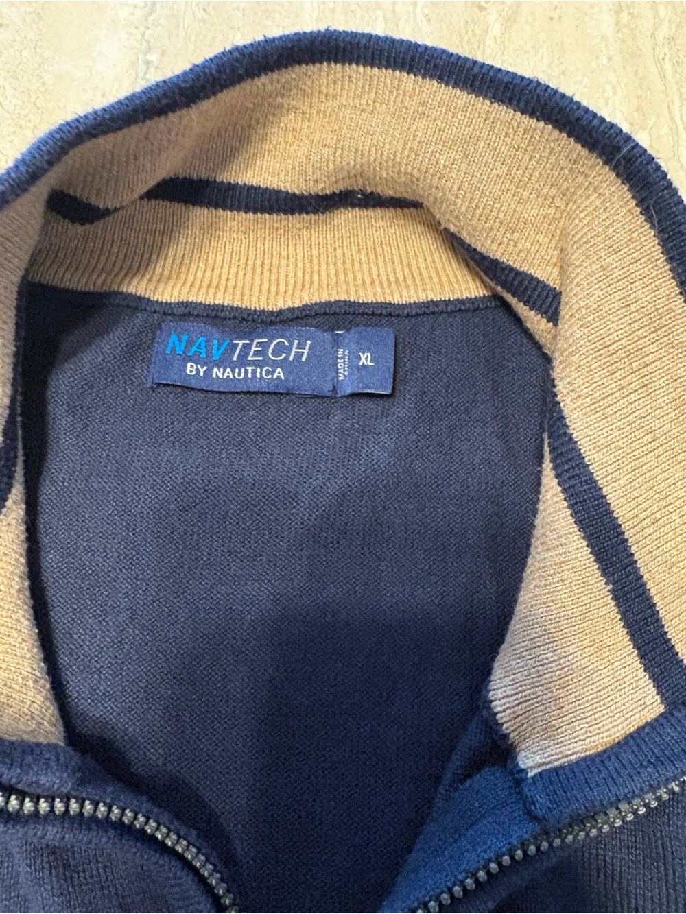 Nautica Navtech Mens XL Quarter Zip Sweater Striped Navy Beige Knit Pullover - Picture 3 of 6